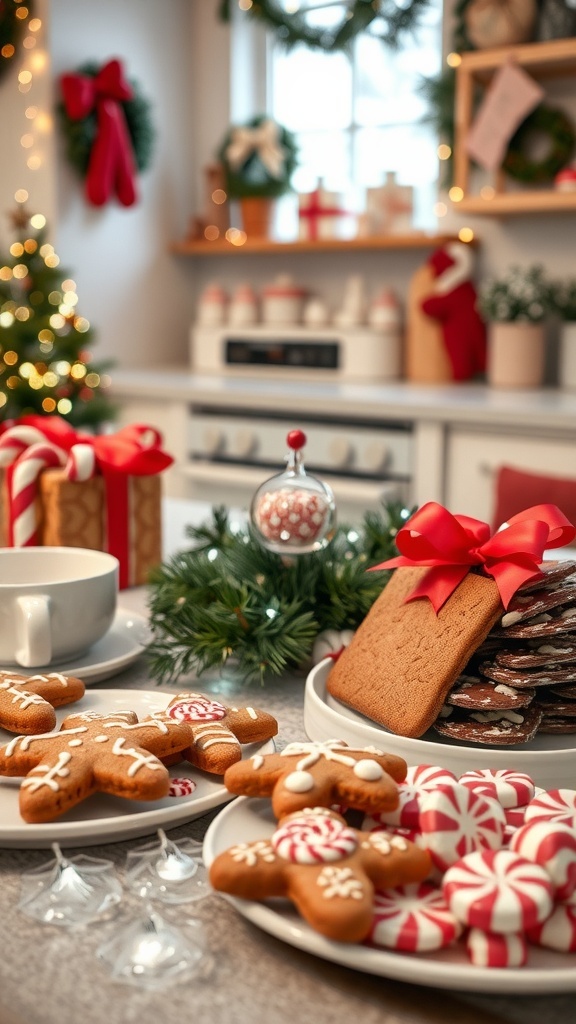 A festive Christmas baking scene with gingerbread cookies and peppermint bark on a decorated table.